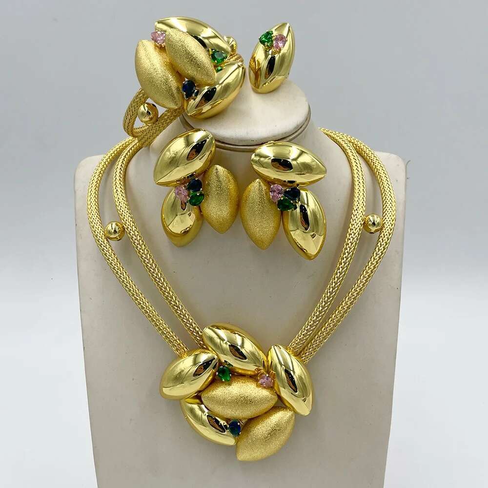 Dubai Set For Bridal Gold Color Big Necklace And Stud Earrings African Elegant Party Bangle Ring Jewelry