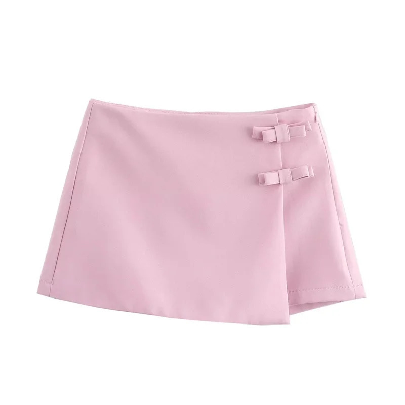 TRAF Pink White Mini Skirt Woman Fashion Bow Skort For Women Summer Slit Short Split High Waist Shorts 250514