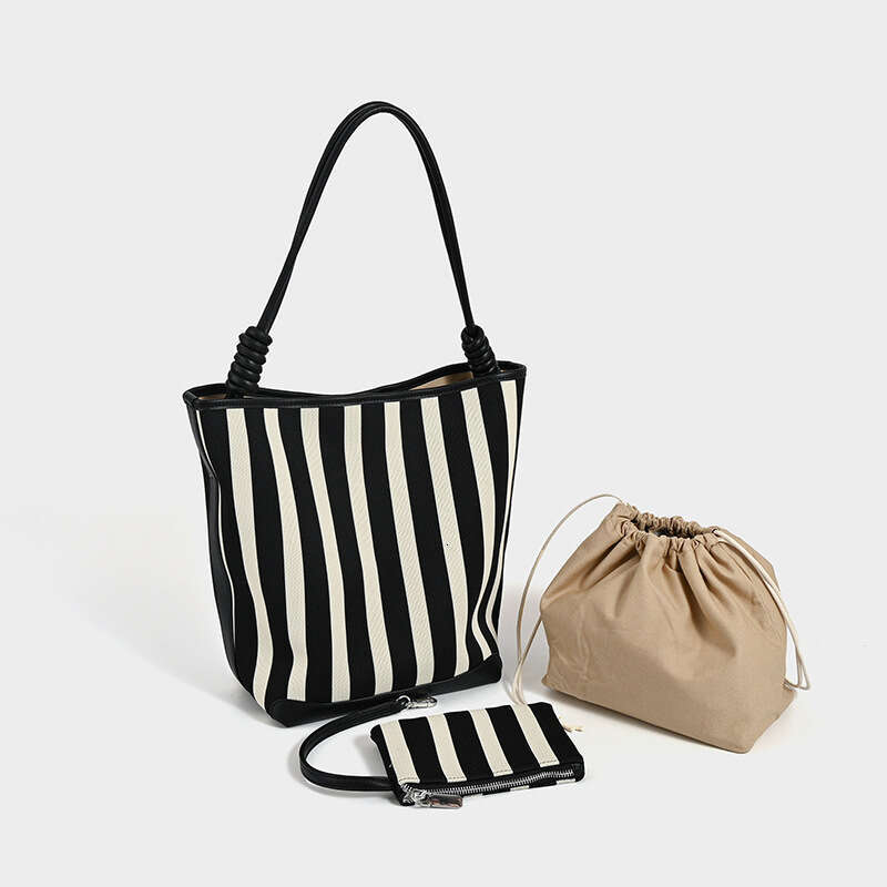 Women's Bags Designer Black And White Striped High-End Water Bucket Large Capacity Elastic Woven Fabric Mother Bag, New Commuting Hand-Held Shoul