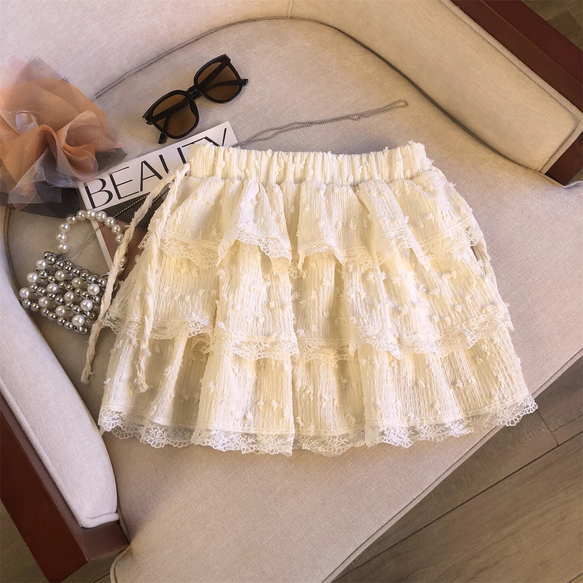 Summer Womens Ballet Style Jacquard Tiered Skirt Comfortable Elastic Waist Short Female White LaceTrimmed Layered 250514