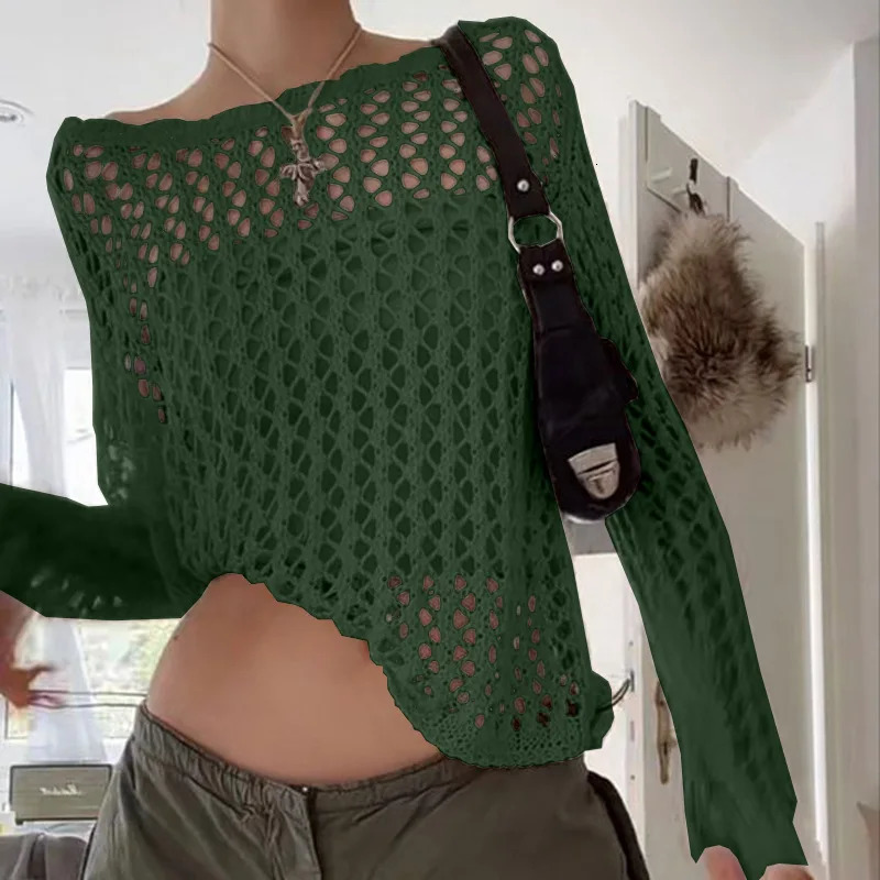 Summer Women Solid Color Hollow Out Crochet Top Cover Up Female Long Sleve Round Neck Loose Knitted Casual Vacation Beach Wear 250514