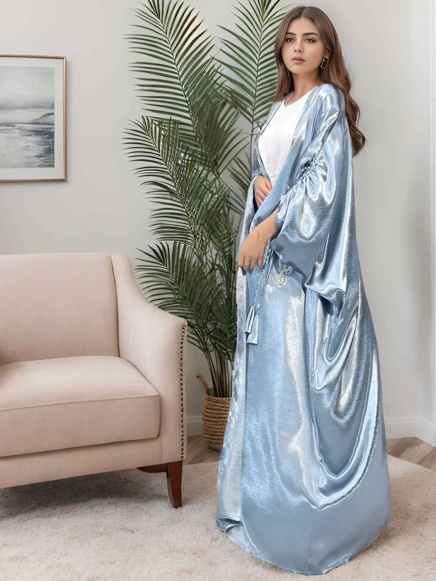 Eid Ramadan Abaya Shiny Satin Muslim Women Beads Bat Slve Open Cardigan Kimono Dresses Turkey Dubai Kaftan Arab Robe Jalabiya X250514