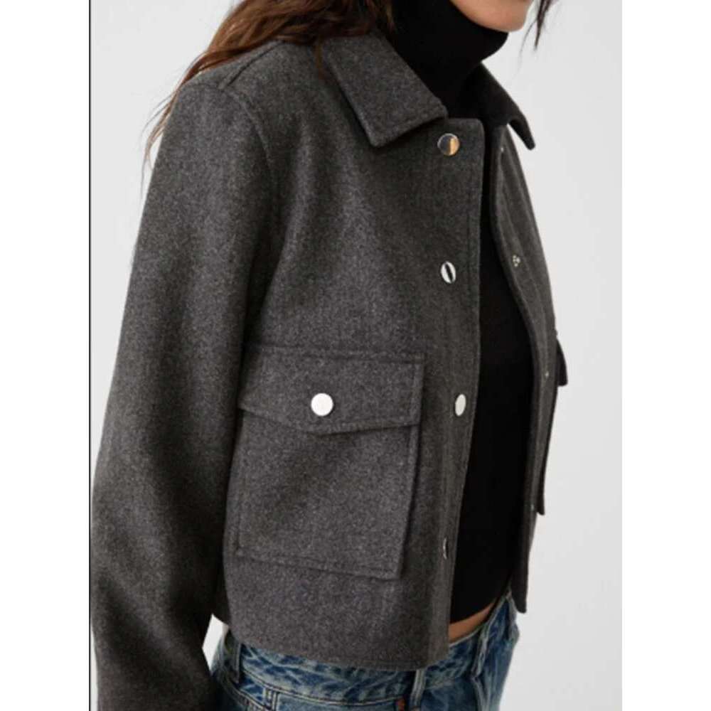New women's clothing European and American style fashionable simple versatile double pocket short woolen jacket