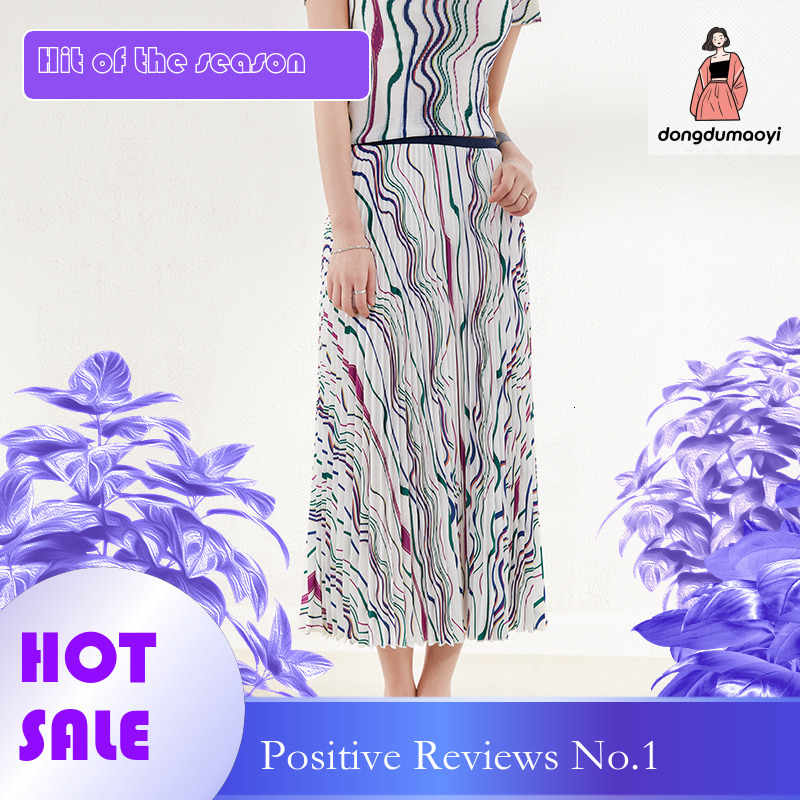 dongdumaoyi Miyake T-shirt Half for Women 2024 Summer New Style, Wrinkle Printed Fashion Top, Hundred Fold Skirt Two Piece Set