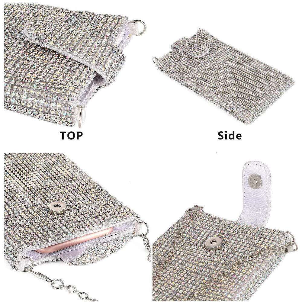 Shiny Rhinestone Mobile Phone Wallet, Metal Chain Shoulder Lipstick Mini Bag, Dinner Party Ball Messenger Bag