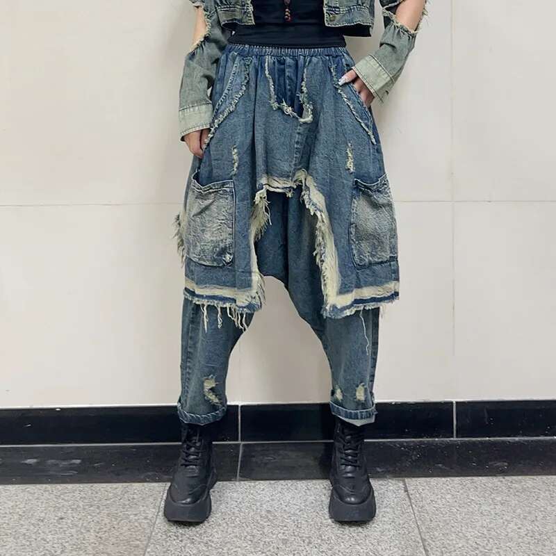 Getspring Women Jeans 2025 Spring Autumn Elastic Waisted Pocket Harem Pants Fashion Loose Casual Long Denim Trousers