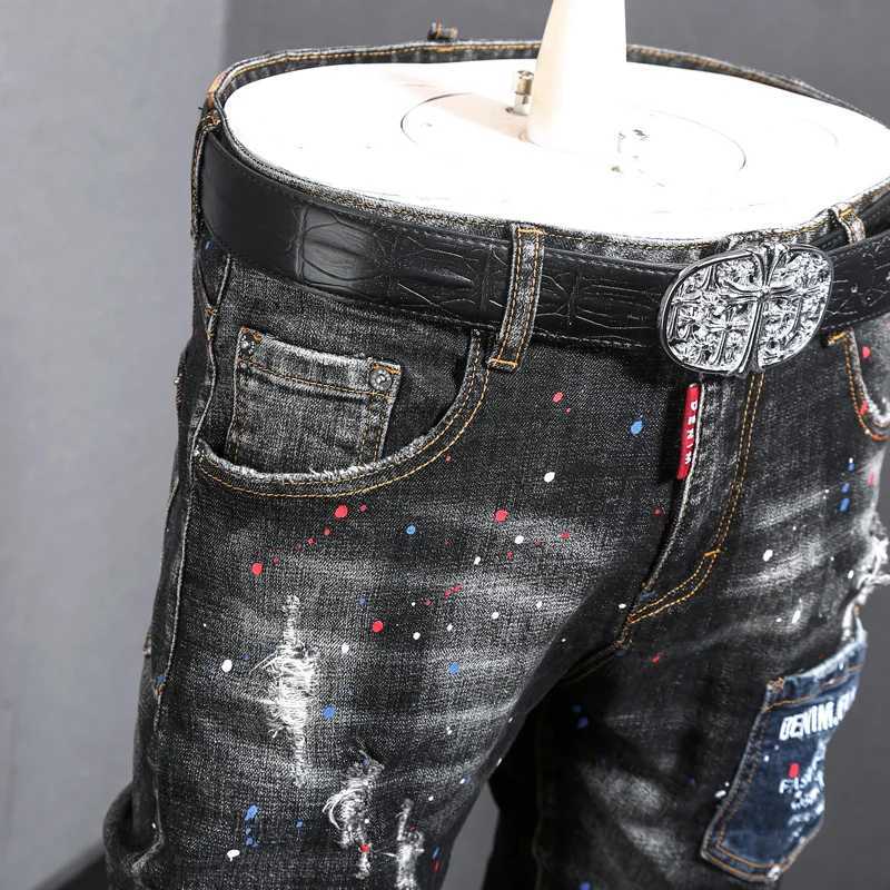 Strt Fashion Men Jeans Retro Black Gray Stretch Skinny Ripped Jeans Men Painted Designer Spliced Hip Hop Denim Pencil Pants X250514