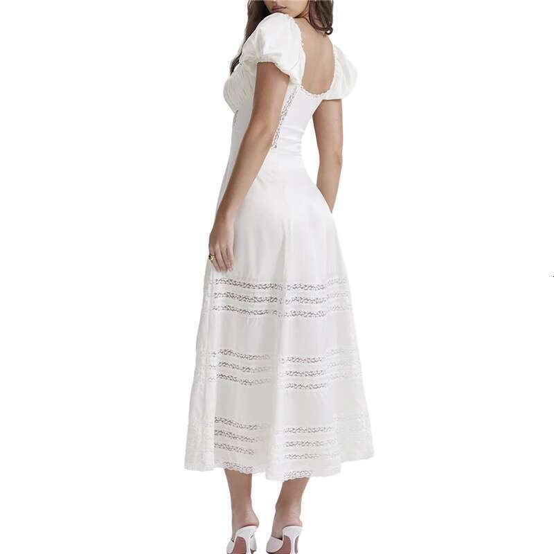 Women Long White Elegant Short Sleeve Square Neck See-through Patchwork Swing Summer Casual Dress