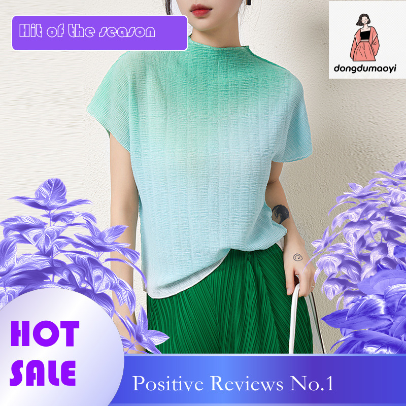 dongdumaoyi Style top women's short sleeved summer Miyake chic printed design sense pleated round neck slimming t-shirt