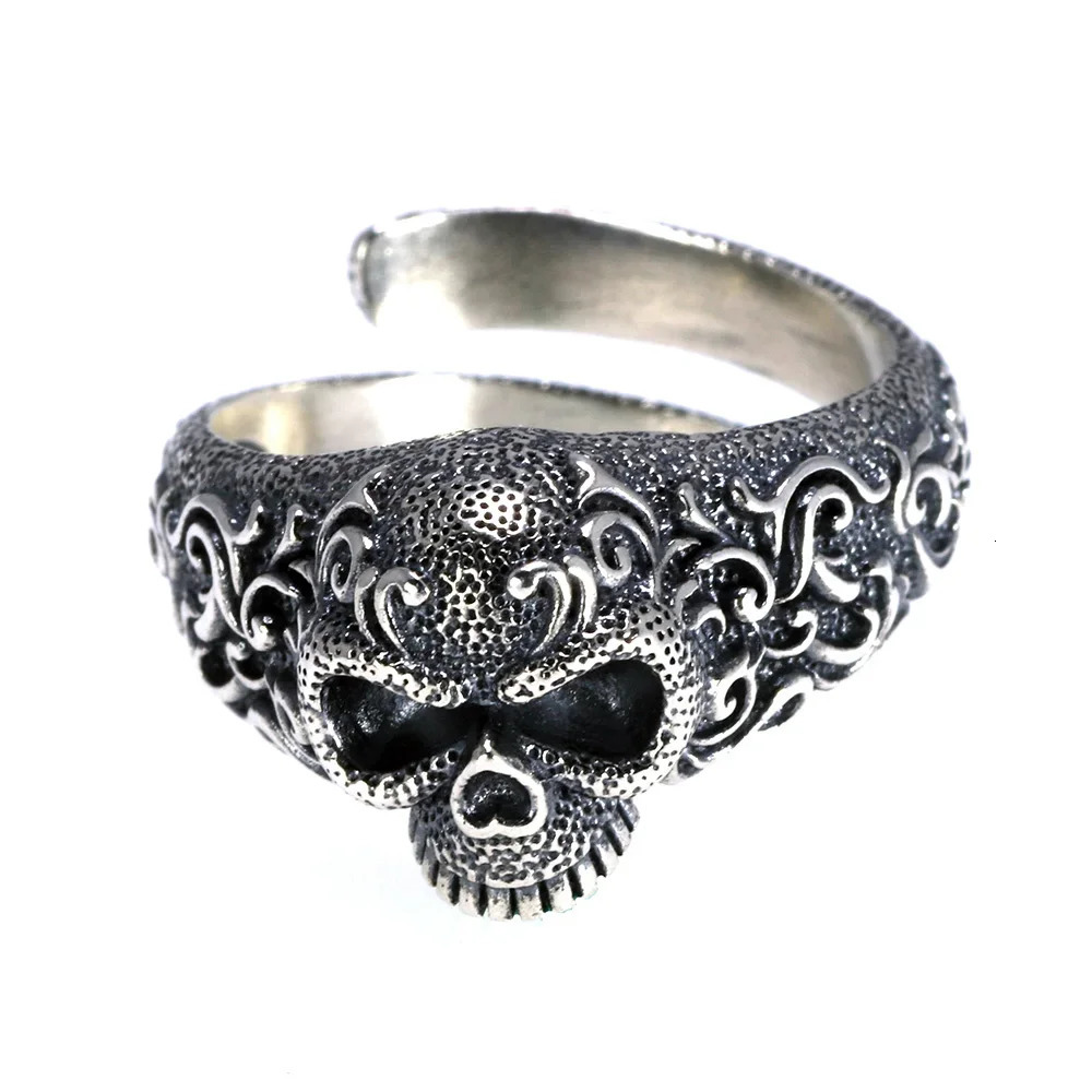 Gothic Punk Skull Rings For Men And Women 925 Sterling Silver Jewelry Resizable Vintage Flower Engraved Skeleton Finger Band 250509