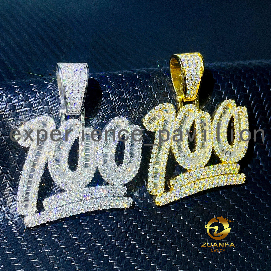 Hip Hop Jewelry Custom Charm Lucky Number 100 Pendant Baguette VVS Moissanite Pendant Iced Out Necklace