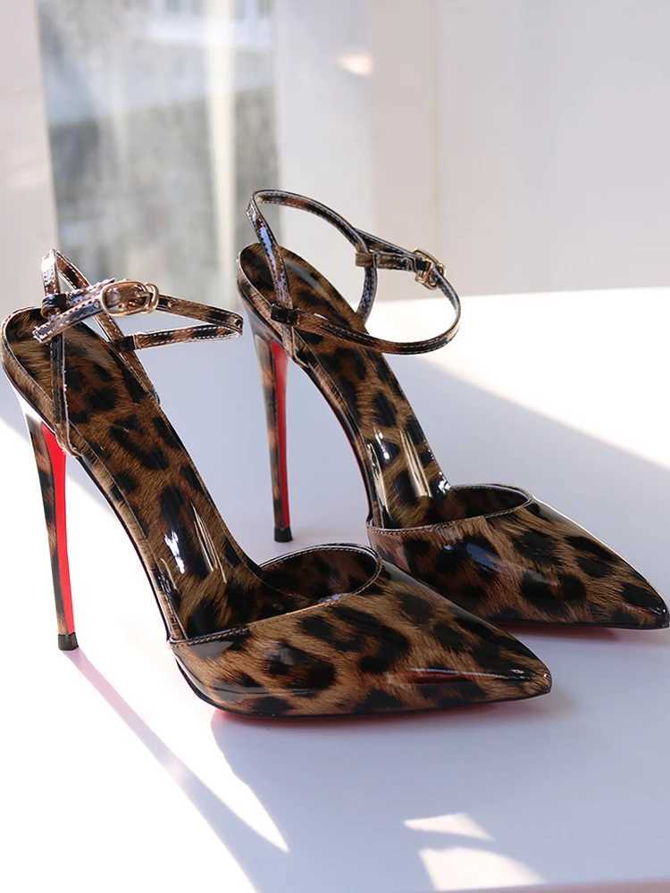 Red background leopard print high-heeled sandals with a straight buckle thin heel pointed toe fashionable and sexy big size 12CM W250514