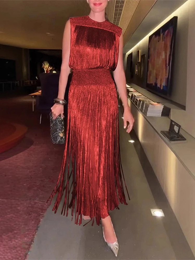 Fringed Sequin Long Dress Tassel Glitter Sleeveless Party Gown Waisted Cinched Elegant O-neck Fringed Dresses Women 2 Piece Set 250513