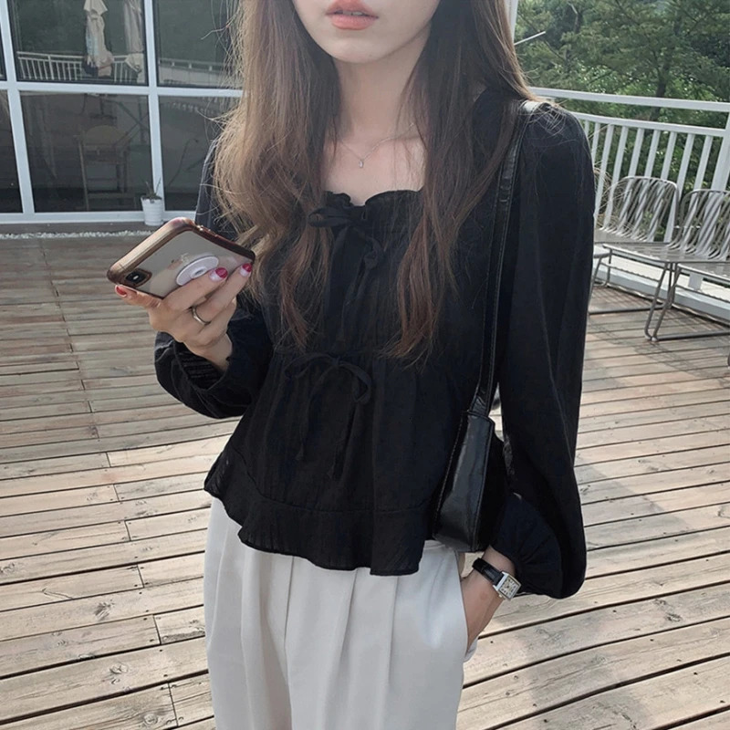 Spring Summer Elegant Womens Blouses Solid Long Sleeve Lace Up Ruffles Korean Casual Short Shirts Tops Female 250514