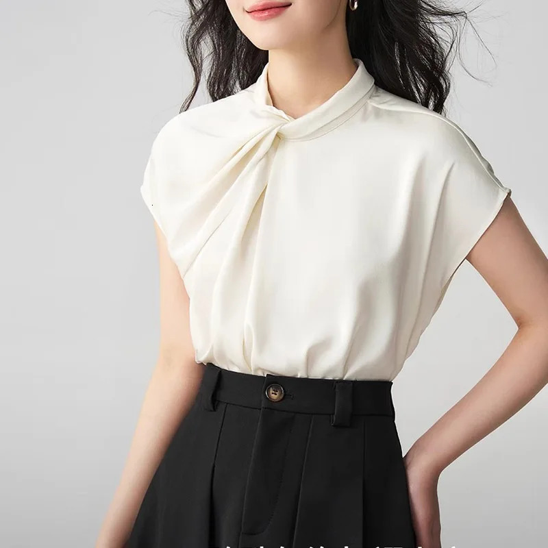 Summer Elagant Front Cross Womens Blouse Short Sleeve Stand Collar Korean Casual Loose Office Lady Shirts Female 250514
