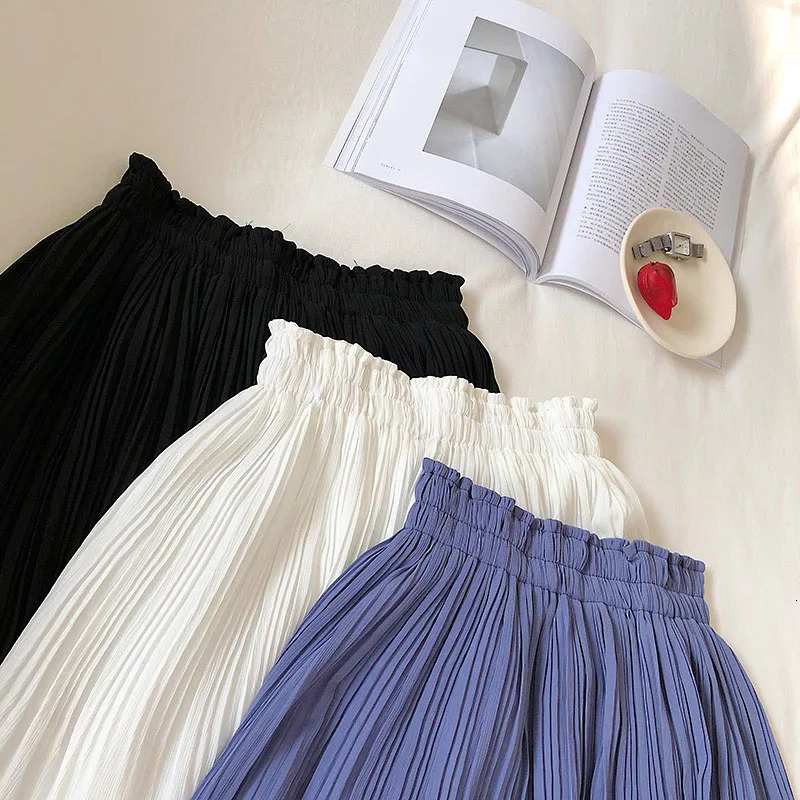 Solid Chiffon Summer Shorts Skirt Women Fashion Elastic Waist Pleated Mini Casual Beach Foldas Size 250514
