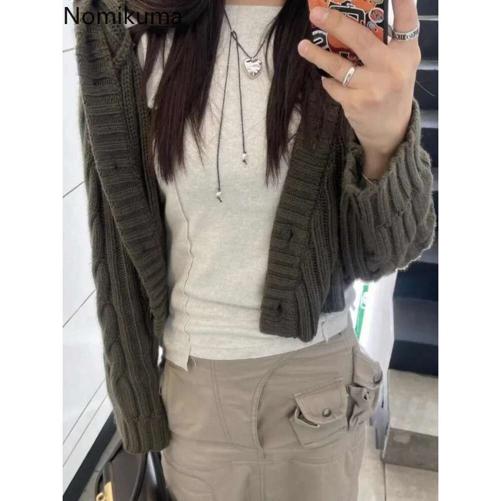 Vintage Cropped Cardigan Jackets Women Clothing Pull Femme Hooded Knitted Ribbed Sweater Tops Chic Casual Knitwear Sueter Mujer