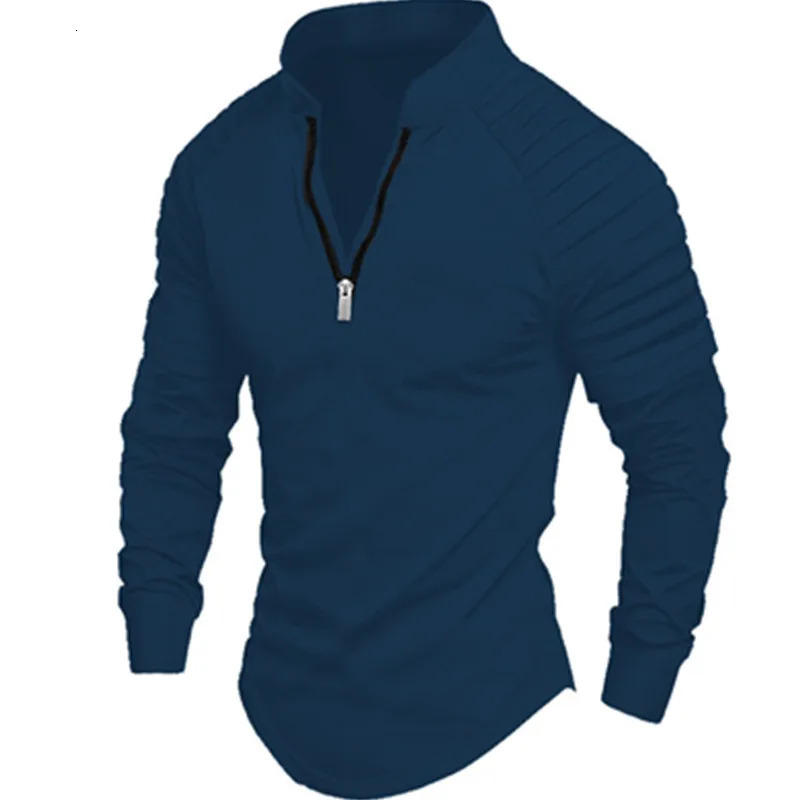Mens longsleeved polo shirt zipper standing collar arm pleated solid color sports casual slim fashion mens wear 250506Z