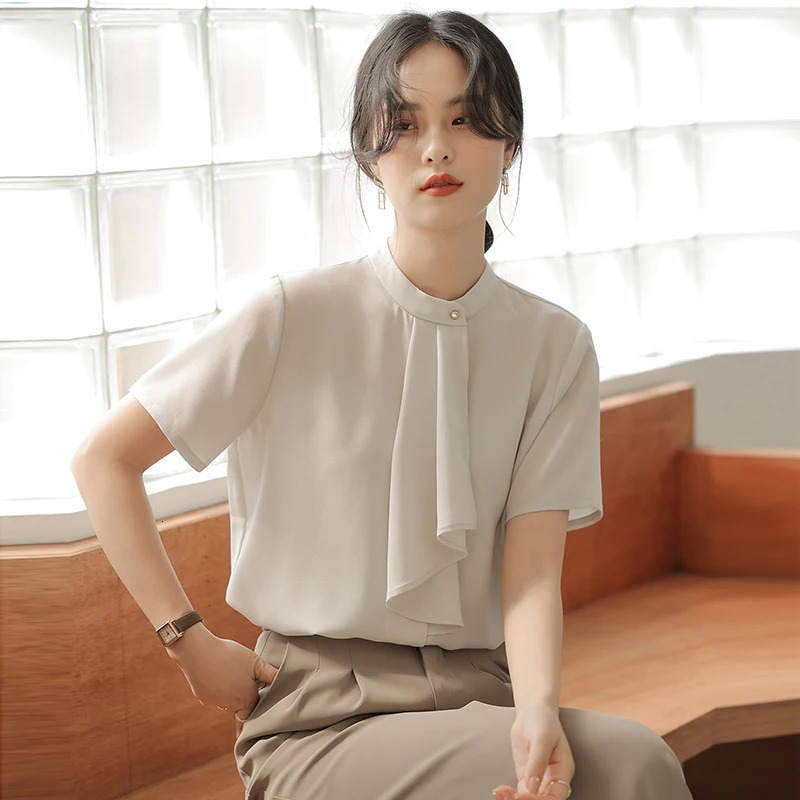 Elegant Spring Summer Ribbon Collar Womens Blouses Short Sleeve Oneck Casual Loose Office Lady Shirts for 250514