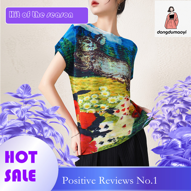 dongdumaoyi Wrinkle printed T-shirt 2023 summer three bedroom new loose oversized stylish and creative commuting art top
