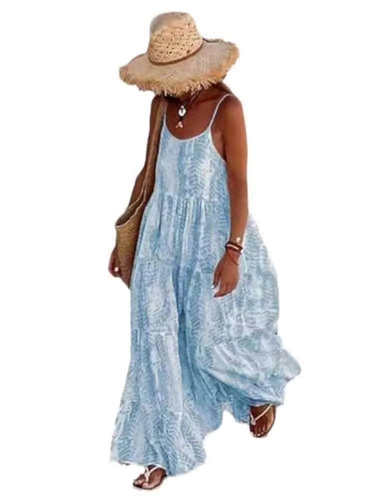 Tie Dye Print Spaghetti Strap Dresses Women Bohemian Style Loose Backless Vacation Beach Long Dress Female Fashion StreetwearXJ250514