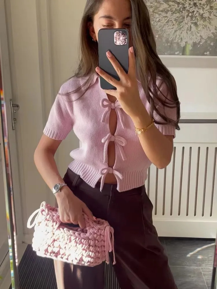 Chic Bow Knitted Short Texture Top Women Fashion Turn Down Collar Hollow Cardigan Knitwear Summer Shortsleeved Tops 250514