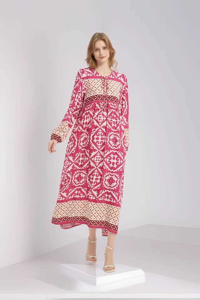 Boho Maxi Dress 2025 Womens Long Bohemian Dress Loose Fit Geometric Print Tiered Flowy Dress V-Neck Long Slve X250514