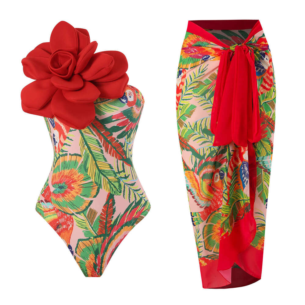 2025 European and American one-piece women's tight fitting slimming big flower niche swimsuit set chiffon long skirt new style temperament chic e