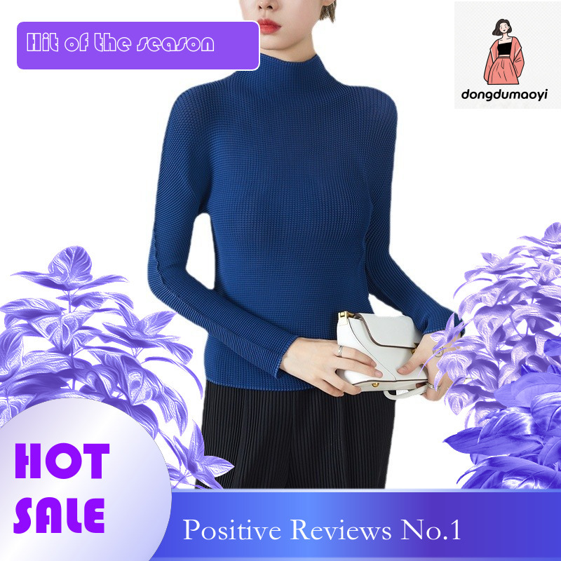dongdumaoyi Wrinkled long sleeved T-shirt top women with a sense of niche design light early autumn western-style style slimming half neck inner layer