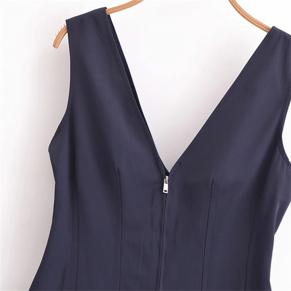 UNIZERA Womens Zipper Vneck Midi Dress Solid Color Decoration SpringSummer Casual Wear 250514