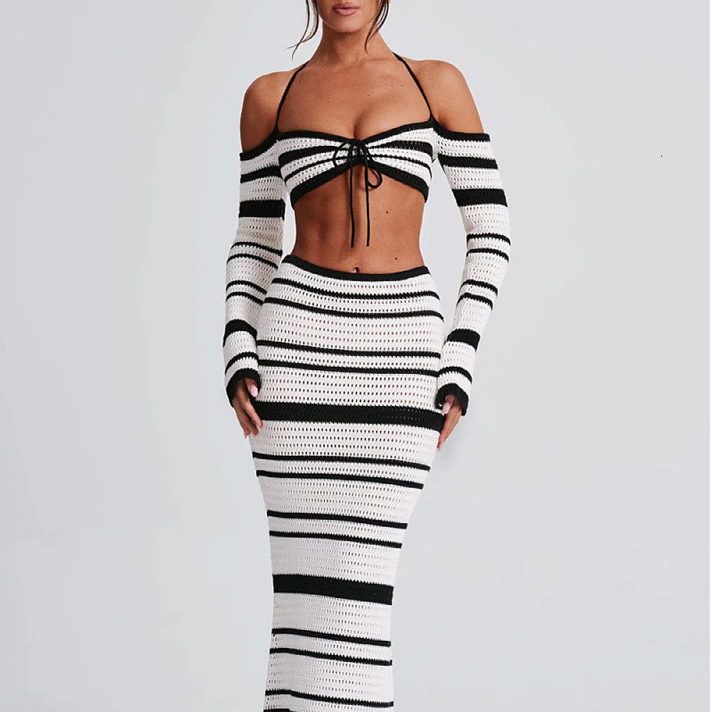 2025 new spicy girl womens suit summer striped long sleeved hanging neck top half skirt two-piece set for women