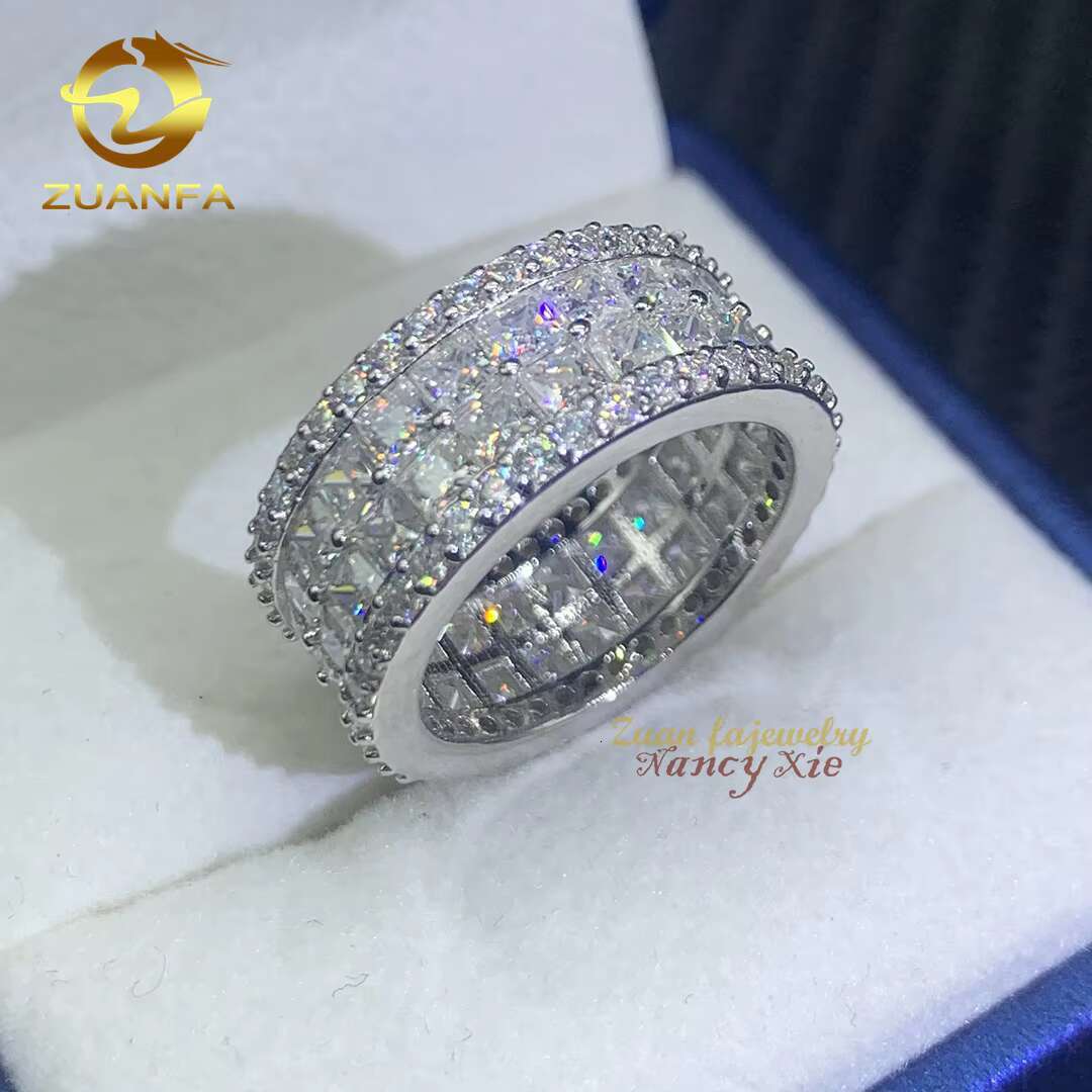 Fashion Jewelry Hip Hop Mens Cuban Gold Ring Iced Out 925 Sterling Silver 2 Rows VVS Princess Cut Moissanite Diamond Ring