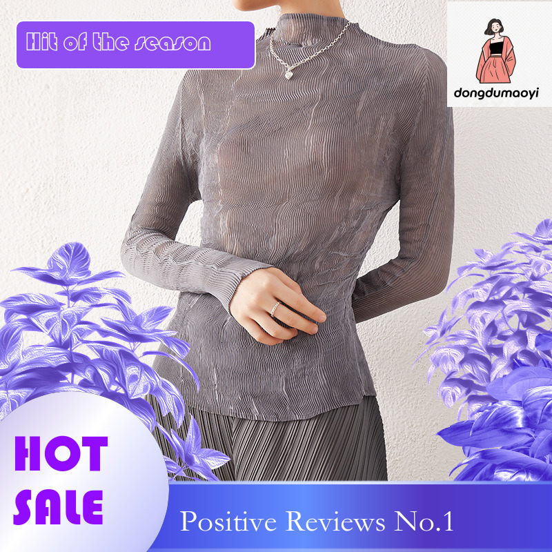 dongdumaoyi Wrinkled top transparent spring and autumn three house T-shirt slim fit base long sleeved new sexy silk shirt for women