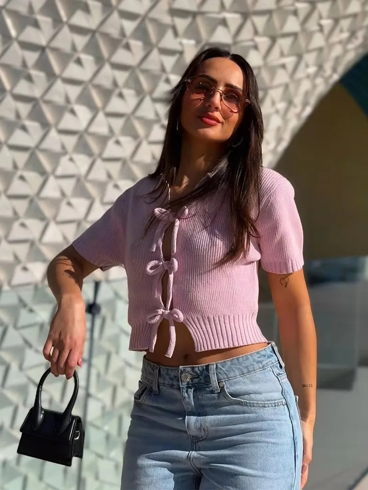 Chic Bow Knitted Short Texture Top Women Fashion Turn Down Collar Hollow Cardigan Knitwear Summer Shortsleeved Tops 250514