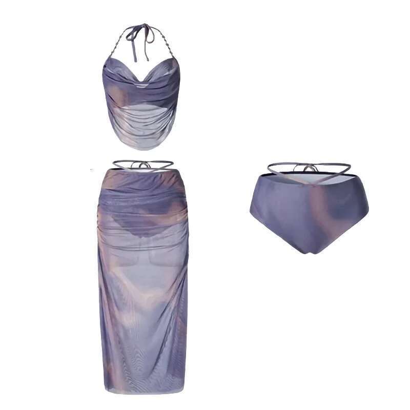 Sexy Bikini Swimwear Women's Three-Piece Set Long Dress Small Chest Gathered Steel Supportive Summer Vacation Beachwear