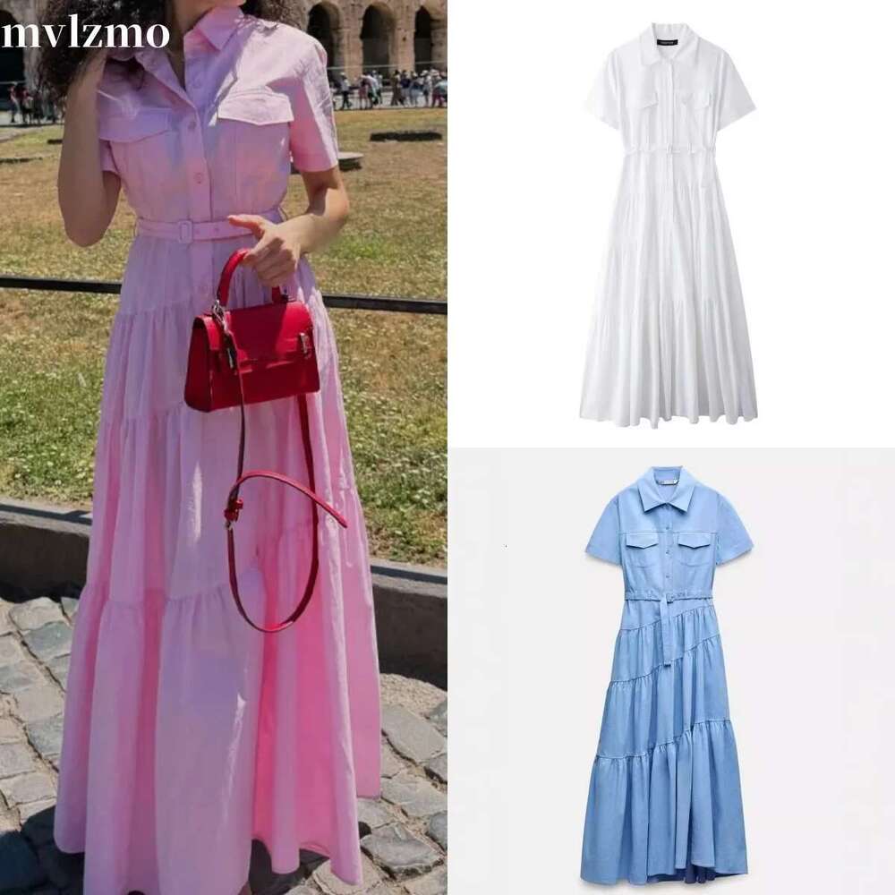 Summer New Women's Lapel Short Sleeve With Belt Long Poplin Petticoat Style Maze Dress
