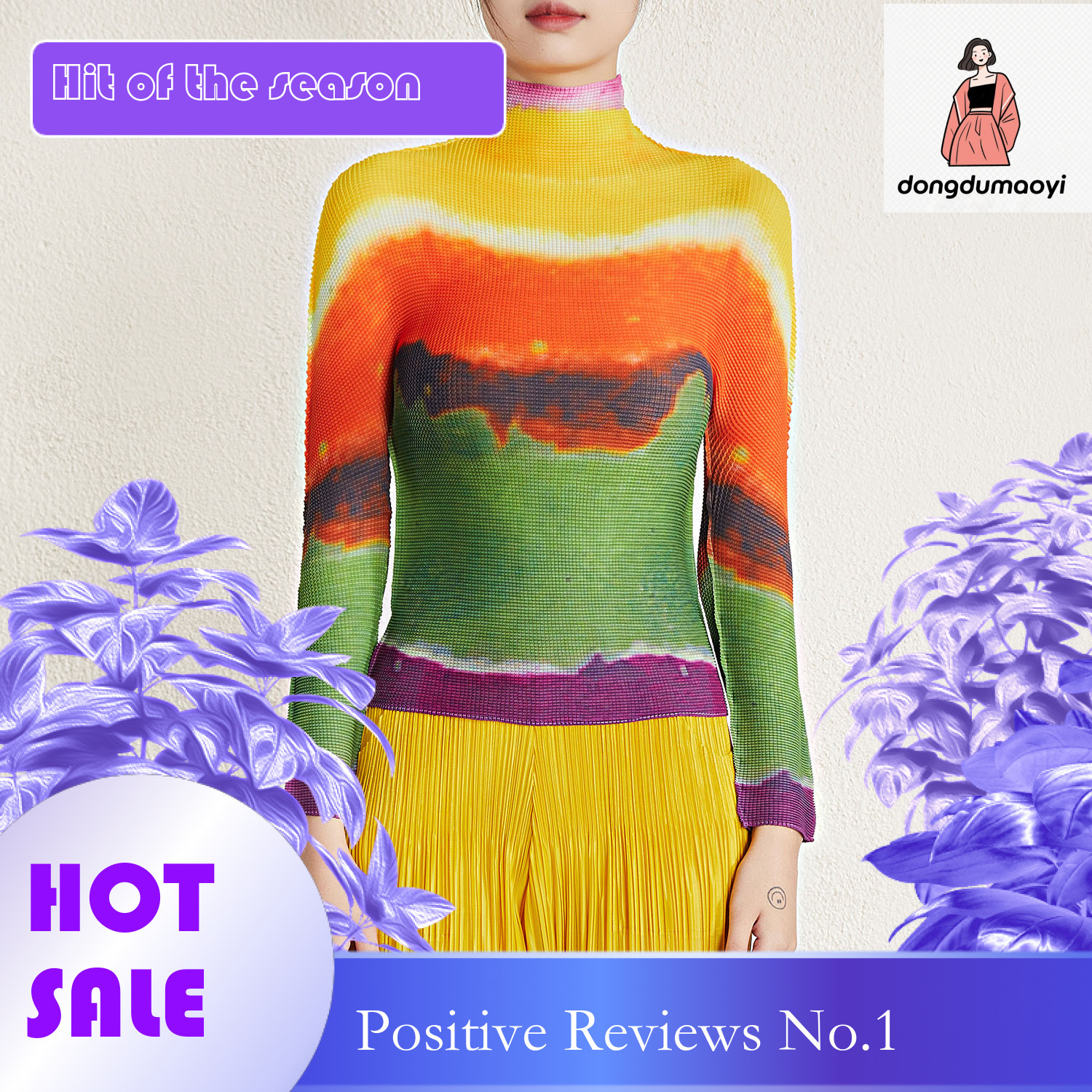 dongdumaoyi Wrinkled top abstract sunset print top, long sleeved T-shirt for women, new slim fit, slimming temperament, and stylish small shirt