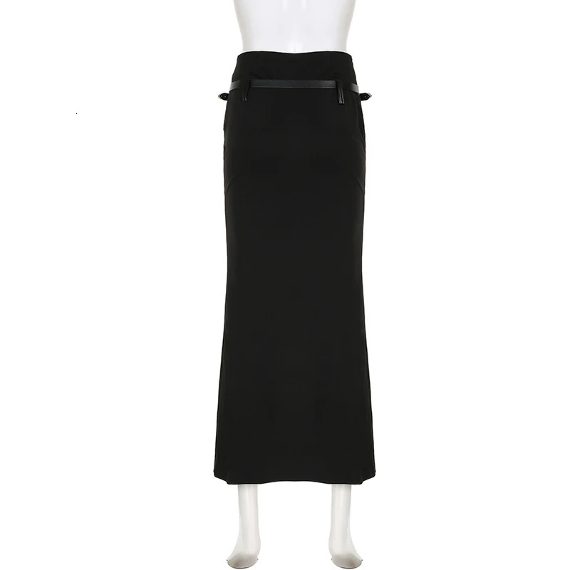 SUCHCUTE Gothic PU Belt Match Long Skirt Sexy Straight Tassel Slit Irregular Midi Punk High Waist Party Women Outfit 250514