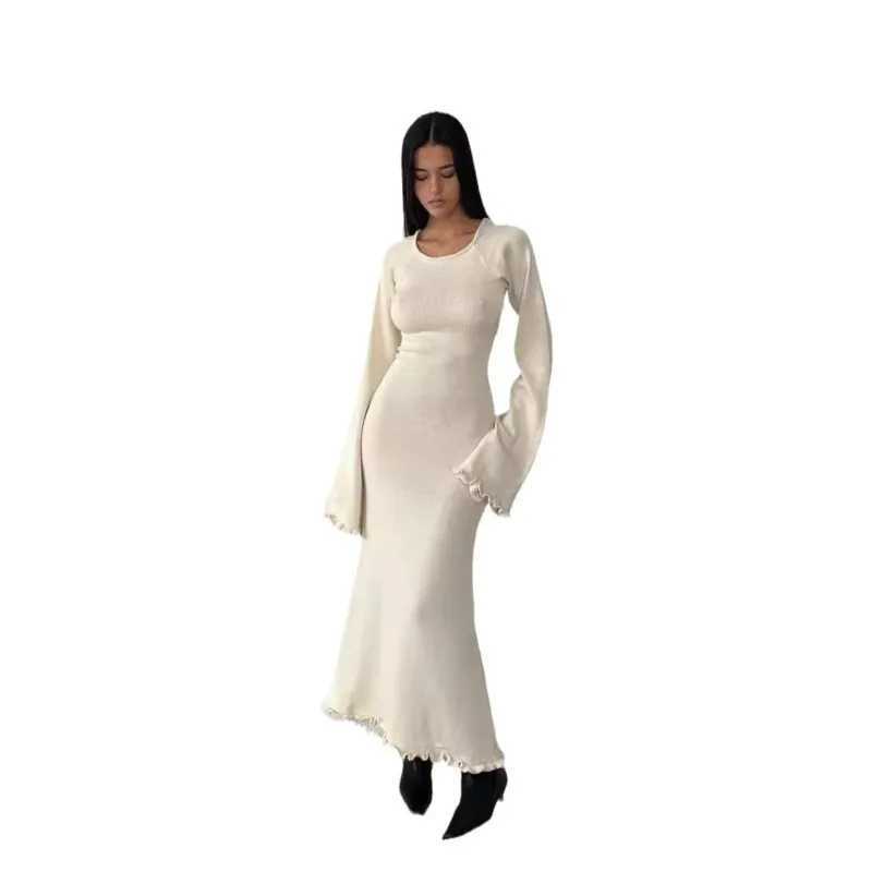 Fashion Ruffled Hem Flare Long Sleeve Knitted Fungus Hem Elasticity Long Dress Women O Neck Backless Lace Up Slim Female RobesXJ250514