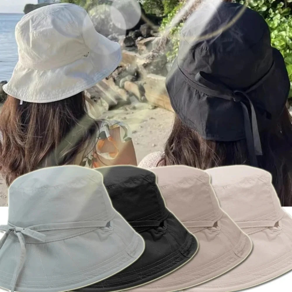 Windbreak Rope Fisherman Hat Solid Color Sunscreen Hat Summer Outdoor Thin Sunshade Basin Hat Lace-up Tie Bucket Cap 250514
