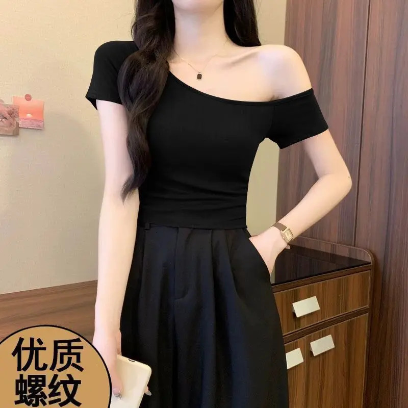 Spring Summer Retro Offshoulder Thread Shortsleeved Tshirt for Womens Thin Casual Tightfitting Clothes 250514
