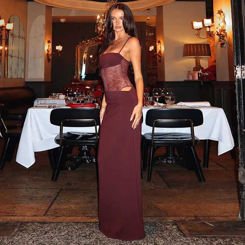 Elegant Lace Cut Out Maxi Dresses for Women 2025 Sexy Spaghetti Strap Patchwork Holidays Party Dress Summer Backless Long DressXJ250514