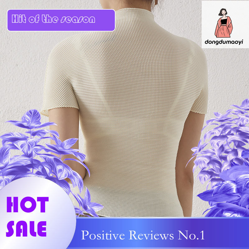 dongdumaoyi Japanese high-end pleated top women's summer Miyake new style temperament semi high neck slim fit elastic slimming short sleeved T-sh