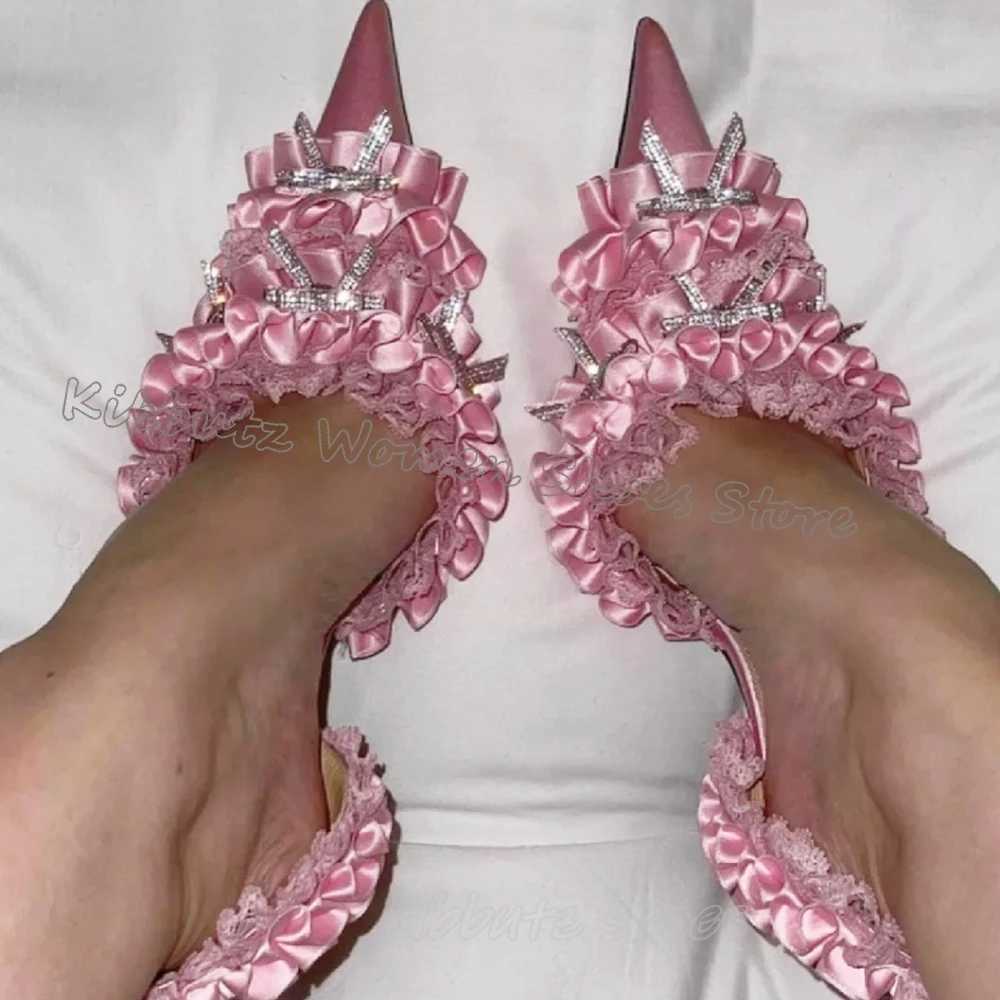 Sexy Lace Sandals Crystal Stiletto Heel Butterfly-Knot Wedding Party Women Shoes Fashion Elegant Sweet Luxury Solid Color Newest W250514