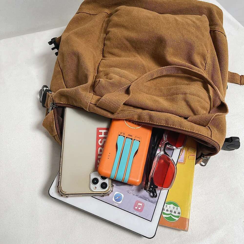 Canvas Vintage Commuting School Bag Solid Color Student Rucksack Aesthetic Hippie Y2k Backpack For Women Girls