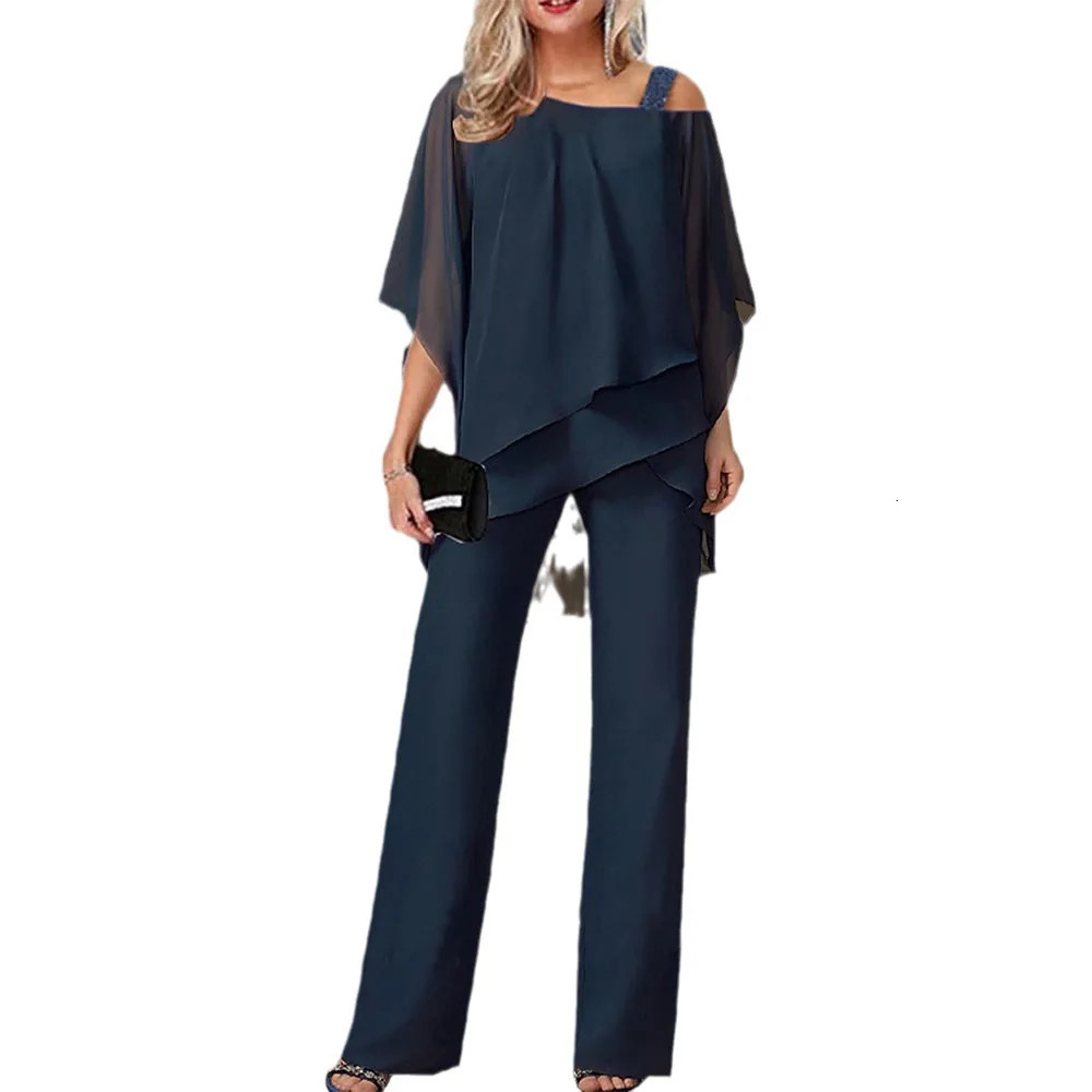 Women Trousers Sets Two Pieces Sale Sexy Off Shoulder Half Batwing Sleeve Blouse OL Wide Leg Loose Pant Suits NMD-6666 250513