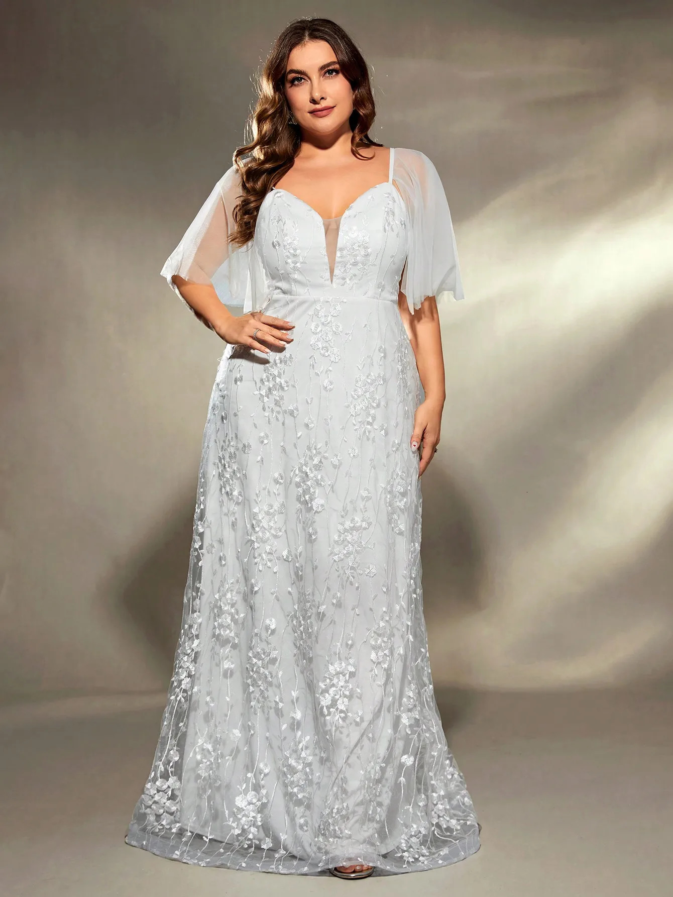 Mgiacy plus size Vneck gauze large trumpet sleeve patchwork embroidered lace A set wedding dress PROM Party 250506