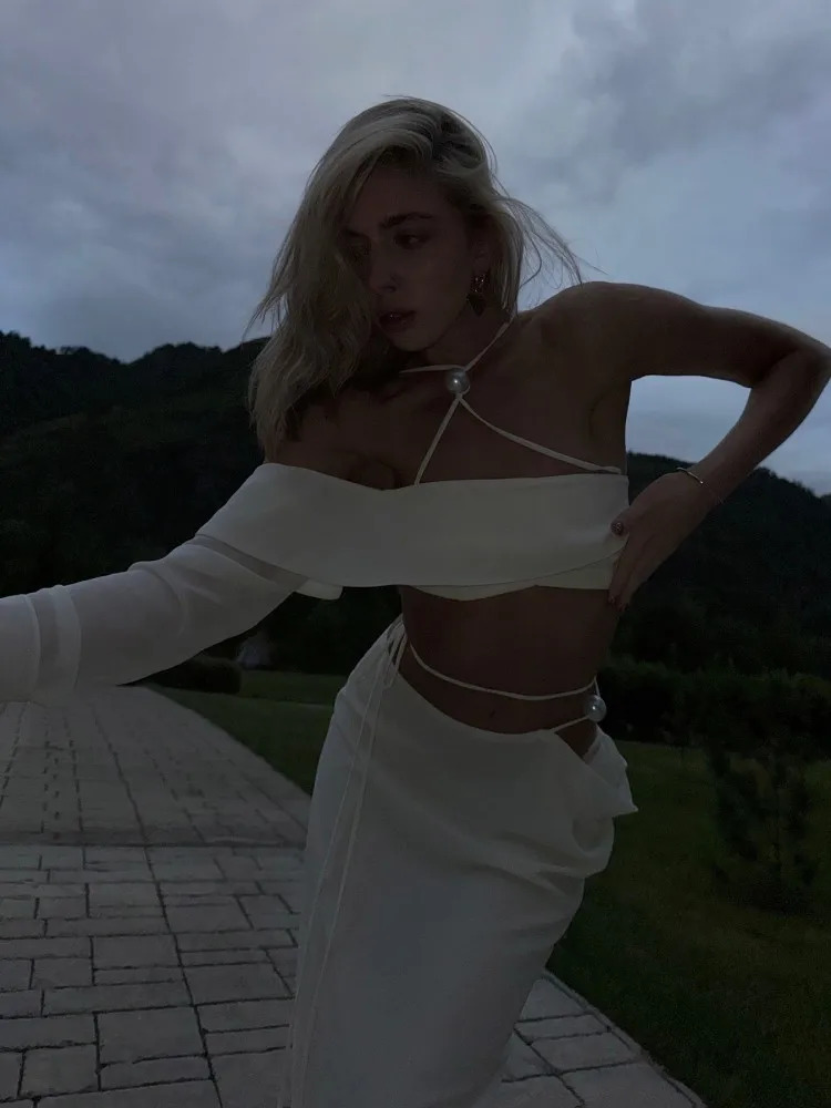Single Sleeve Slip Top Beach Skirt Two Piece Set Pearl Halter Sexy Strap Vest Bikini Crop Blouse Wrap Hip Women Long Skirts Suit 250513