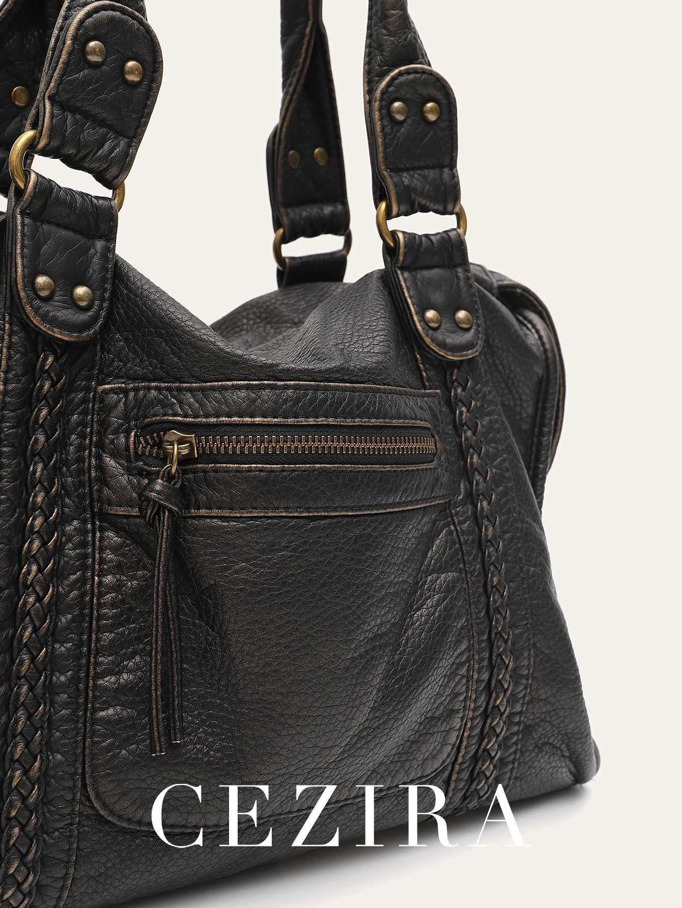 Vintage Wed PU Leather Large Capacity Tote Zip Pockets Braid Decor Shoder Cross body Bag Unisex Wen Daily Travel Handbag Z250514