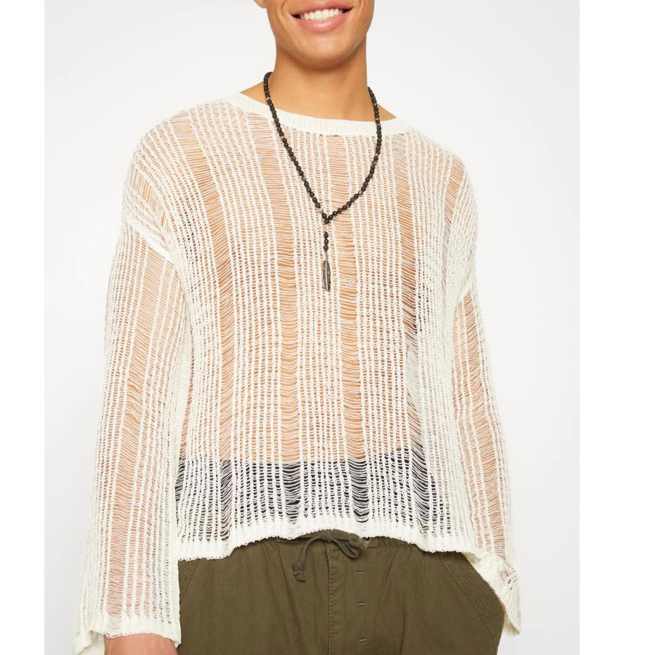 Men's T Shirts Elastic hollow slightly transparent sweater for men, long sleeved loose and versatile knitted sweater